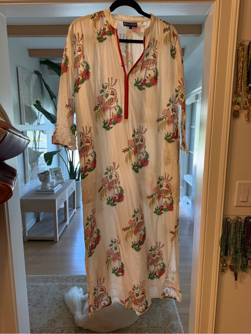 Light Cream Floral Maxi Tunic Dress or Cover Up with Red Trim